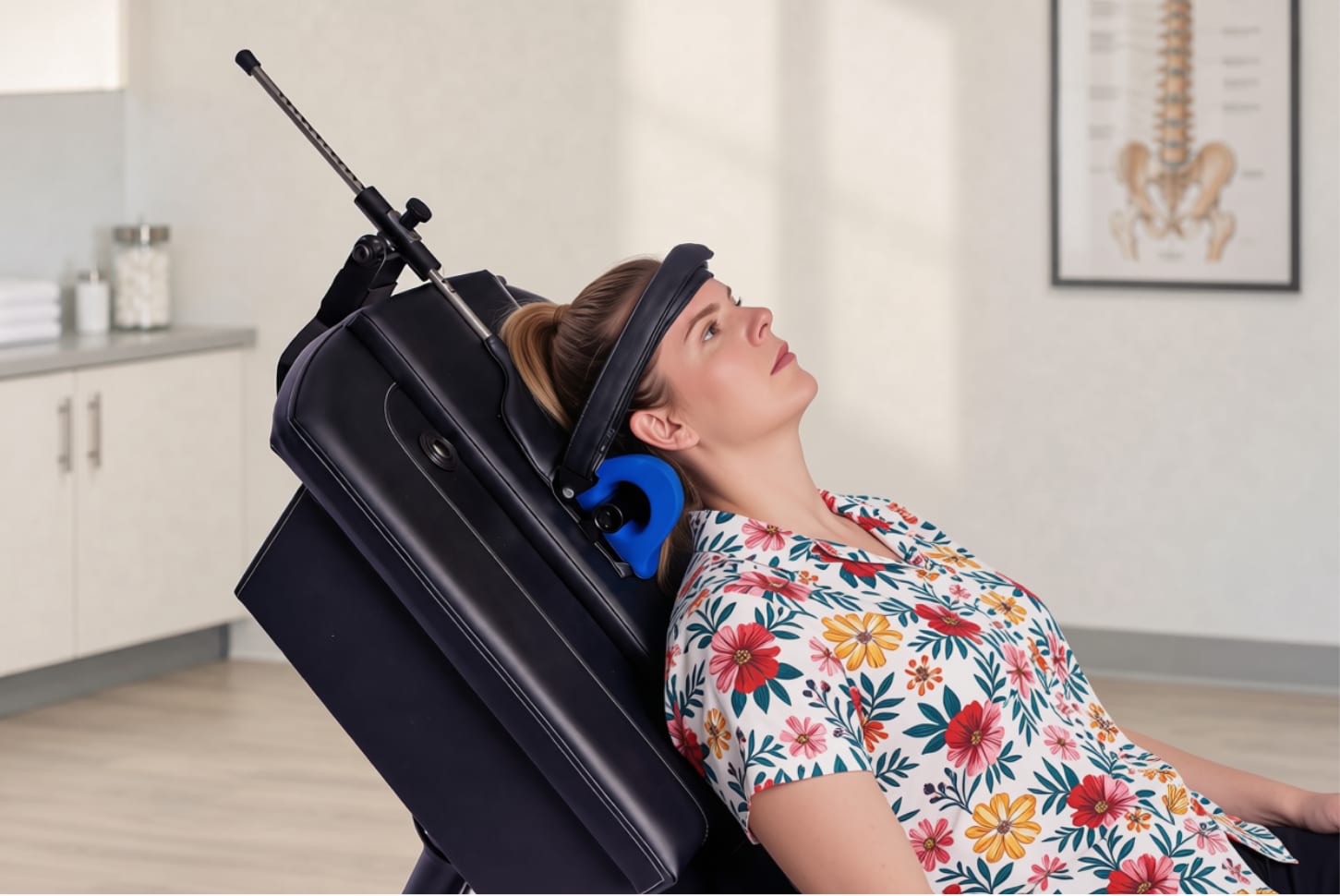 A patient seated and reclined during a treatment visit, with treatment directed at the neck